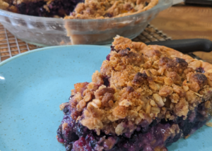 wild blueberry and peach pie with crumble topping
