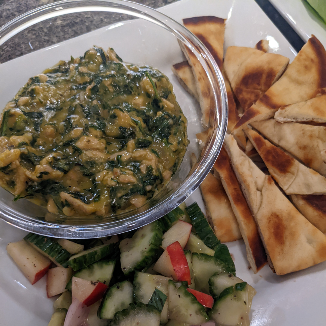 Turkey and Spinach Dip with Cucumber Apple Salad and Naan Wedges Recipe